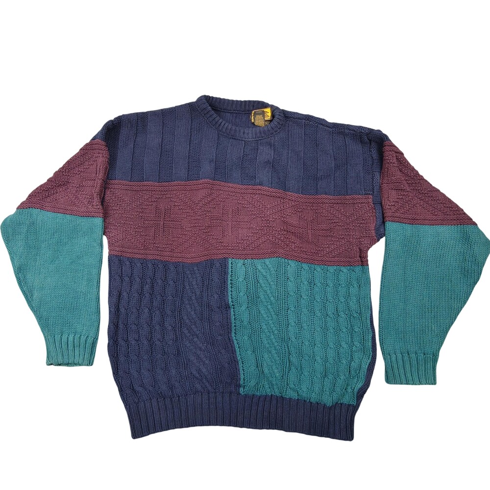 Vintage Eddie Bauer Sweater Mens Large Multicolor Cable-Knit Cotton Crewneck
